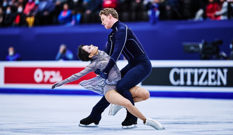 Madison Chock and Evan Bates competing at the ISU World Figure Skating Championships in Montpellier, France, in March.