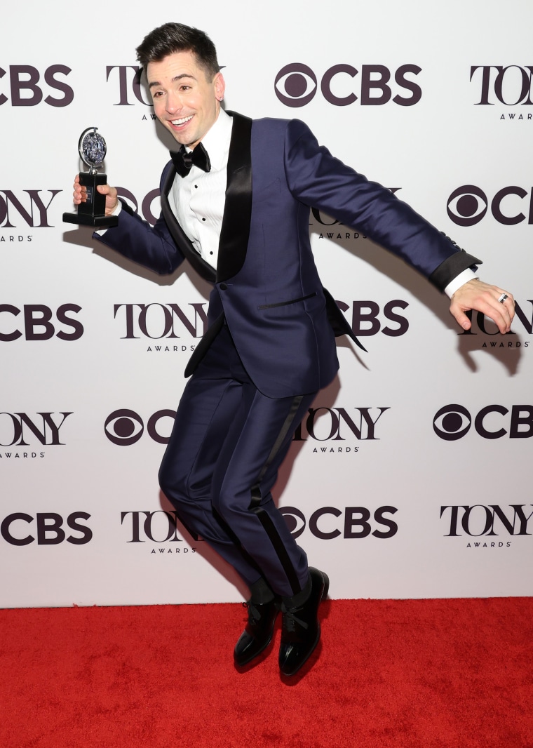 Matt Doyle celebrates with his Tony Award for best actor in a featured role in a musical on June 12.