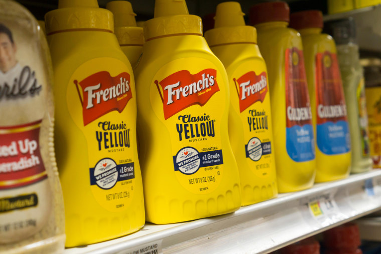 French's brand mustard is seen on a supermarket shelf amongst other brands in New York on Monday, April 3, 2017. Reckitt Benckiser has put its food division, which besides French's includes Frank's Red Hot and numerous other brands, up for sale in an effo