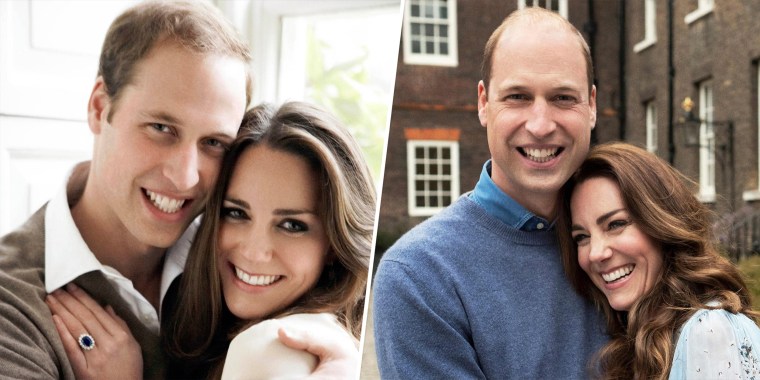 The couple re-created their 2010 engagement photo (left) with a similar, smiling pic (right).  