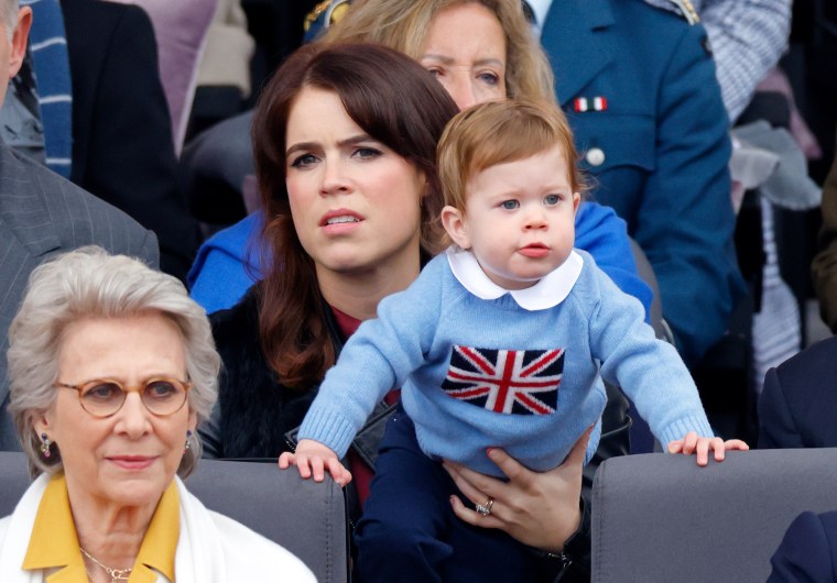 Princess Eugenie and son August Brooksbank at the Platinum Pageant on The Mall on June 5, 2022 in London, England.