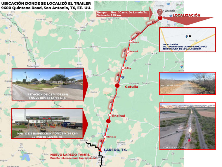 La ruta que siguió el camión desde Laredo hasta San Antonio, en Texas, en una imagen difundida por las autoridades mexicanas.