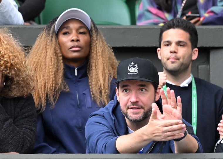 Alexis Ohanian cheers on his wife during day two of the Wimbledon Tennis Championships 2022 on June 28.