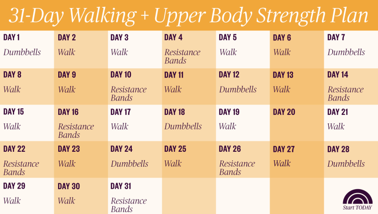 Walking and upper body strength wokout plan calendar