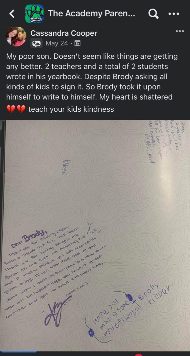 Cassandra Ridder posted on the Facebook page for her son Brody's school after children refused to sign his yearbook.
