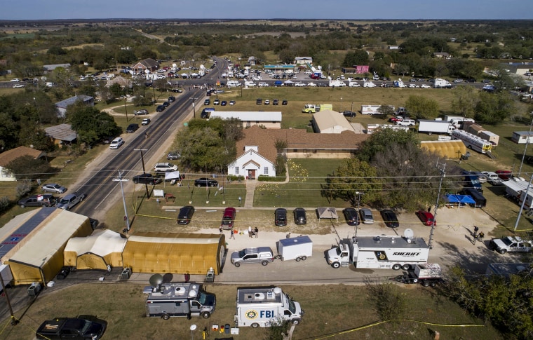 Investigators work at the First Baptist Church in Sutherland Springs, Texas, on Nov. 6, 2017, the day after over 20 people died in a mass shooting.