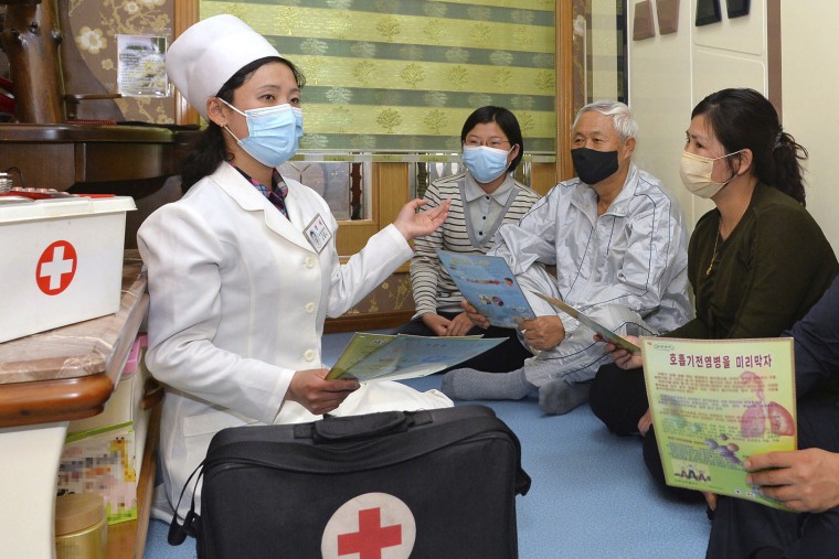 A doctor during a family visit to raise Covid awareness in Pyongyang last month.