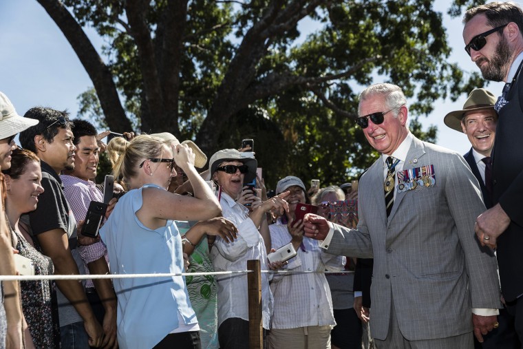 Prince Charles, Prince of Wales, greets well-wishers at Bicentennial Park  on April 10, 2018 in  Darwin, Australia.