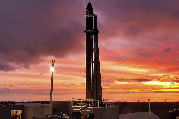 Rocket Lab's Electron rocket waits on the launch pad on the Mahia peninsula in New Zealand on June 28. 
