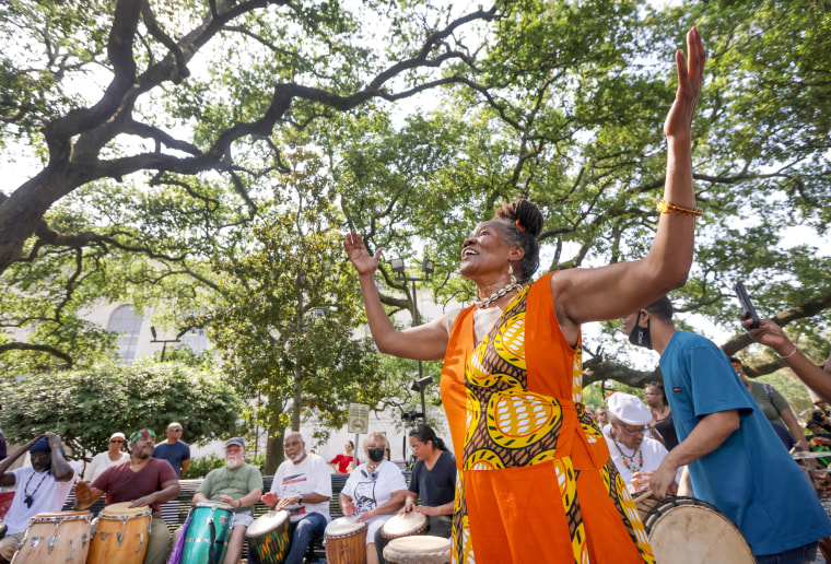 Denise Graves during a gathering in Congo Square to remember Portia Pollock in New Orleans on June 13, 2021. 