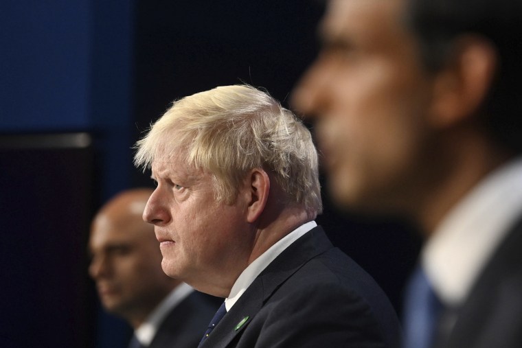 Sajid Javid and Rishi Sunak, sitting to the left and right of Borish Johnson, were senior members of the government. Their resignations minutes apart put Johnson's premiership in doubt.