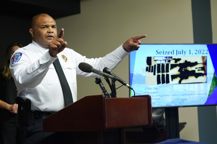 Image: Richmond Police Chief Gerald Smith during a news conference on July 6, 2022, in Richmond, Va. where police said they thwarted a planned July 4 mass shooting after receiving a tip that led to arrests and the seizure of multiple guns.