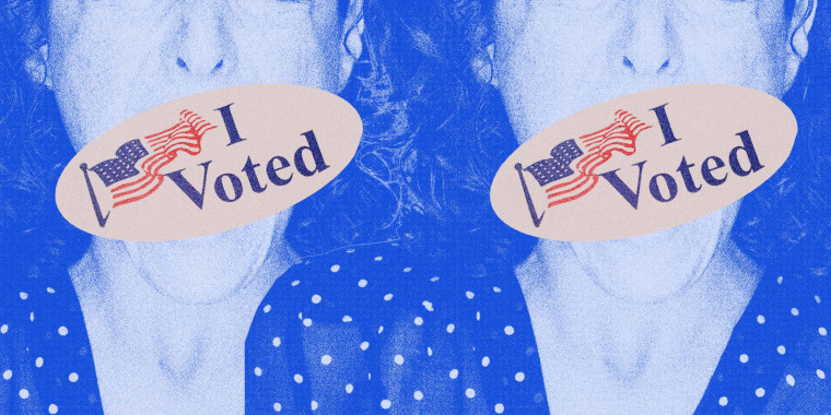 Photo Illustration: A woman's mouth is covered by an "I Voted" sticker