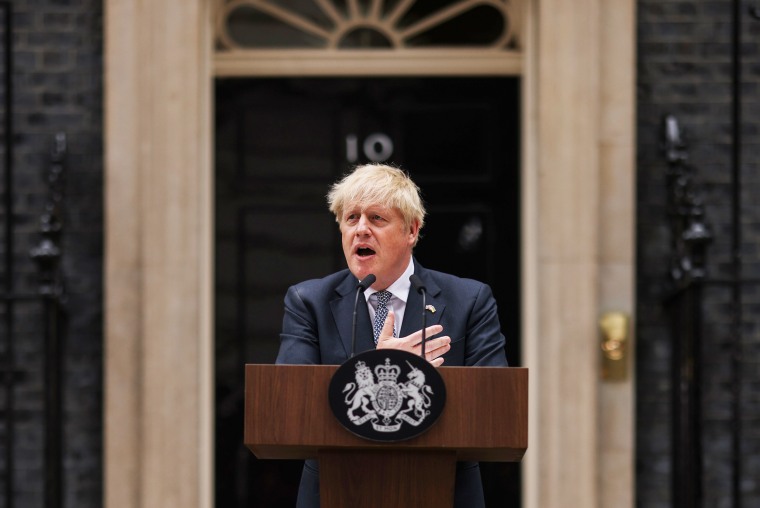 British Prime Minister Boris Johnson announces his resignation outside 10 Downing Street, on July 7, in London.