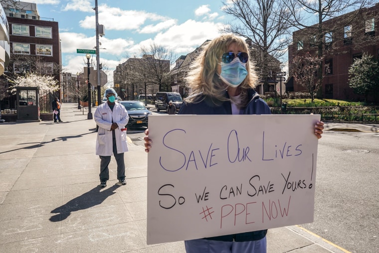 Montefiore Medical Center nurses call for N95 masks and other critical PPE to handle Covid-19 on April 1, 2020, in New York.