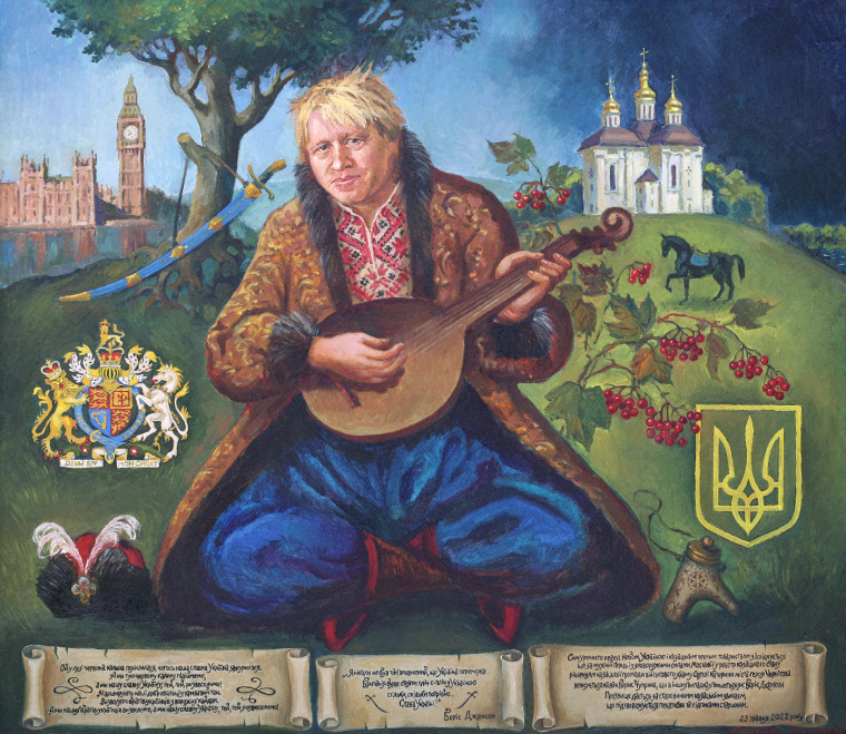 Boris Johnson depicted as Cossack Mamai in Chernihiv, Ukraine.