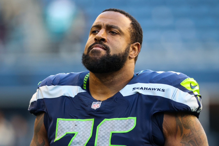 Duane Brown of the Seattle Seahawks looks on after their 31-7 win against the Jacksonville Jaguars on Oct. 31, 2021 in Seattle.