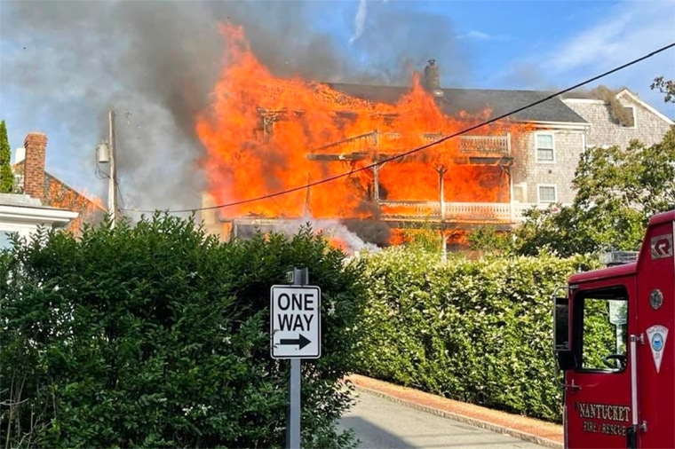 Firefighters respond to a blaze at the Veranda House Hotel on Nantucket Island, Mass., on July 9, 2022.