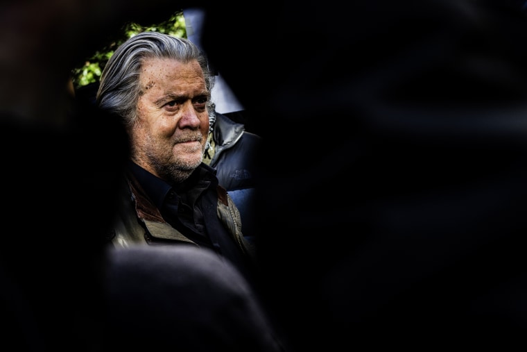Steve Bannon, former adviser to Donald Trump, speaks to members of the media after appearing in federal court in Washington on Nov. 15, 2021.
