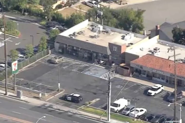 An aerial view of the Brea 7-Eleven convenience store where a store clerk was killed.