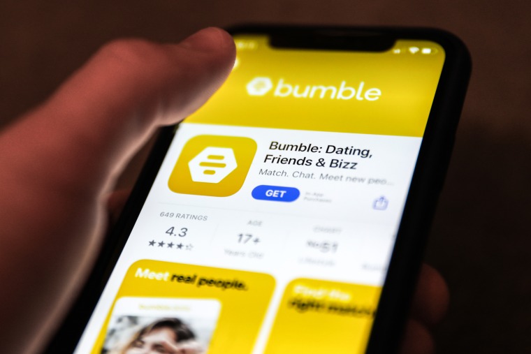 Bumble dating app logo on the App Store on a phone on Feb. 21, 2021.