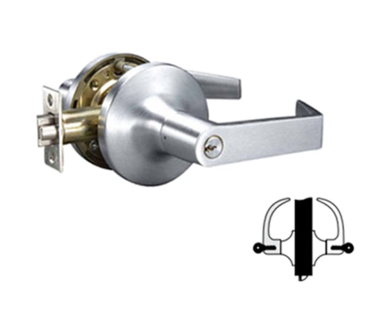 Image: A Yale 5418LN Intruder Classroom Security Lock door handle.