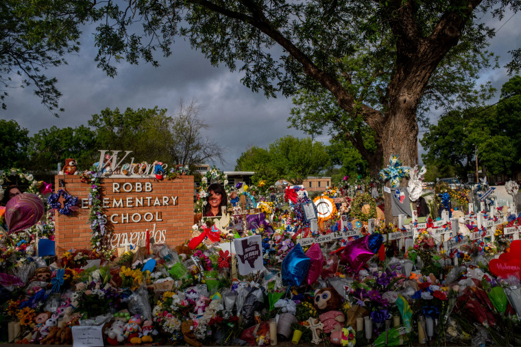 Image: A memorial for the 19 children and two teachers who were killed at Robb Elementary School in Uvalde, Texas, on June 1, 2022.