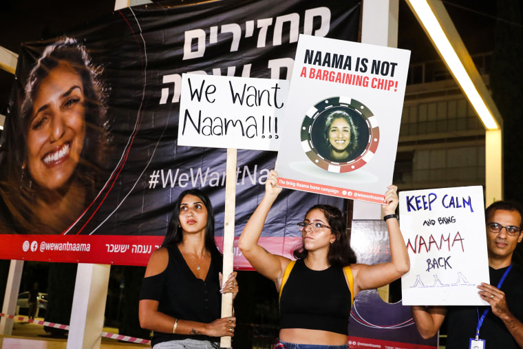 People rally in support of Naama Issachar on Oct. 19, 2019, in Tel Aviv, Israel.