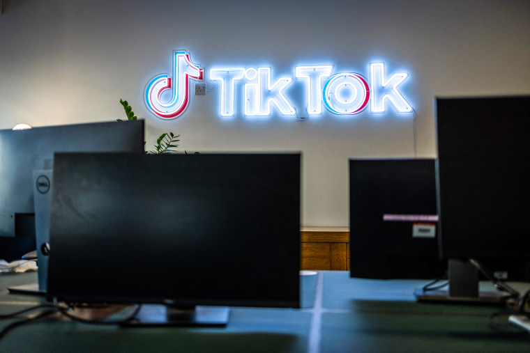 The logo of video-focused social networking service TikTok, at the TikTok UK office, in London Feb. 9, 2022