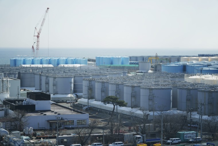 Tanks storing treated radioactive water at the Fukushima nuclear power plant in March.