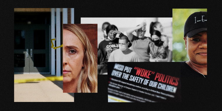 Photo illustration of Mansfield Timberview High School and police tape; Mindy Stonecipher; students and adults after the shooting; a flyer about "woke" politics mailed to MISD; and VanDella Menifee.
