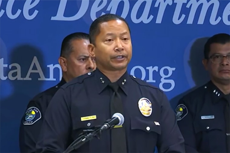 Deputy Chief Alan Hamilton of the Santa Ana Police Dept speaks to the media on July 15, 2022.