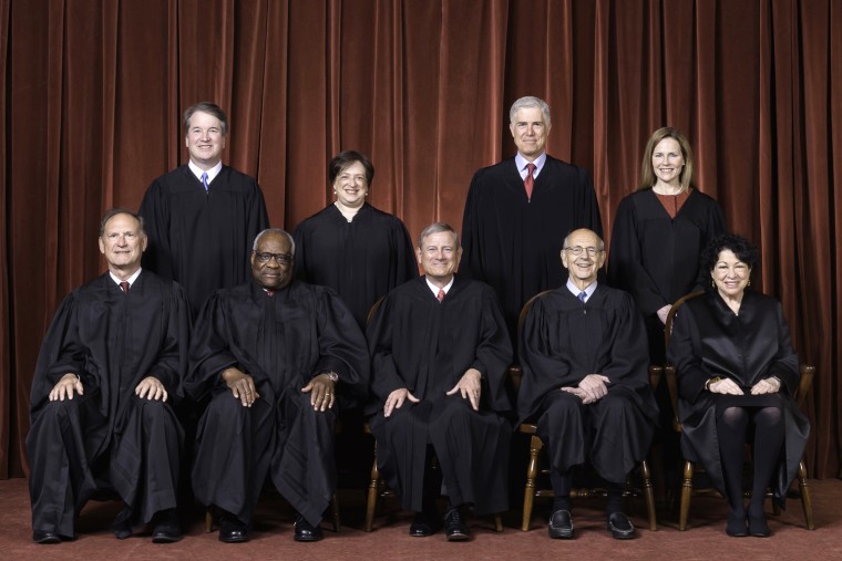 Front row, left to right: Associate Justices Samuel A. Alito Jr. and Clarence Thomas, Chief Justice John G. Roberts Jr., Associate Justices Stephen G. Breyer and Sonia Sotomayor.
Back row, left to right: Associate Justices Brett M. Kavanaugh, Elena Kagan, Neil M. Gorsuch and Amy Coney Barrett.