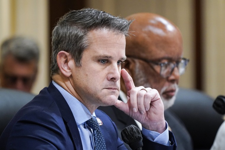 Rep. Adam Kinzinger, R-Ill., and Chairman Bennie Thompson, D-Miss., listen as the House select committee investigating the Jan. 6 attack on the U.S. Capitol continues to reveal its findings of a year-long investigation on June 23, 2022.