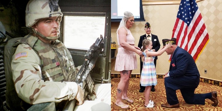 Mike Braman during a tour in Afghanistan; Braman's daughter places a VFW state commander cap on him.