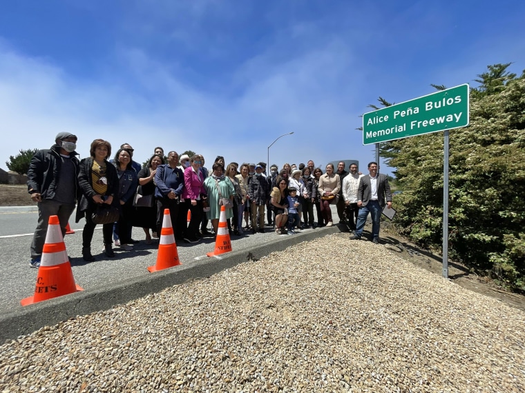 The Daly City Council held a sign unveiling ceremony on July 16, 2022, to rename a section of California State Route 35 in honor of Alice Pena Bulos.