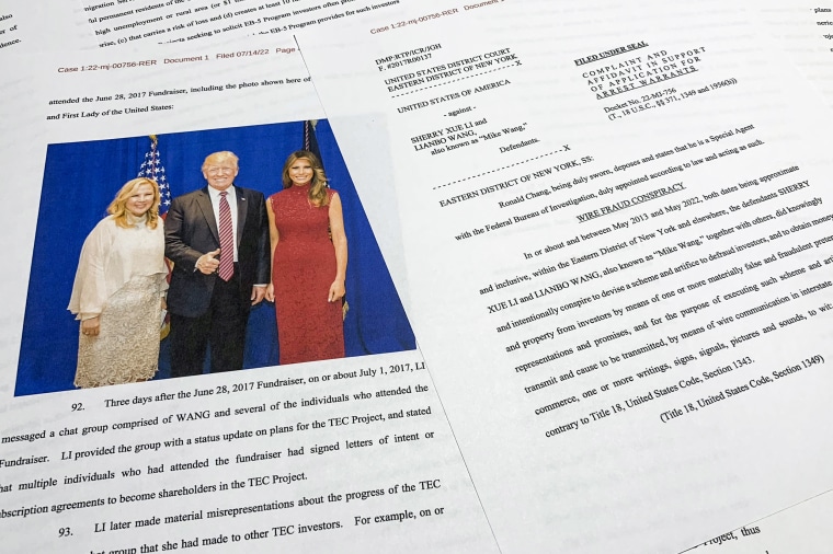 The complaint and affidavit in support of an arrest warrant against Sherry Xue Li and Lianbo "Mike" Wang detail how the two have been charged with funneling foreigners' money into political donations that bought access to an exclusive dinner with then-President Donald Trump. One of the photos contained in the affidavit shows Trump and first lady Melania Trump posing for a photo with Li during a fundraiser on June 28, 2017.