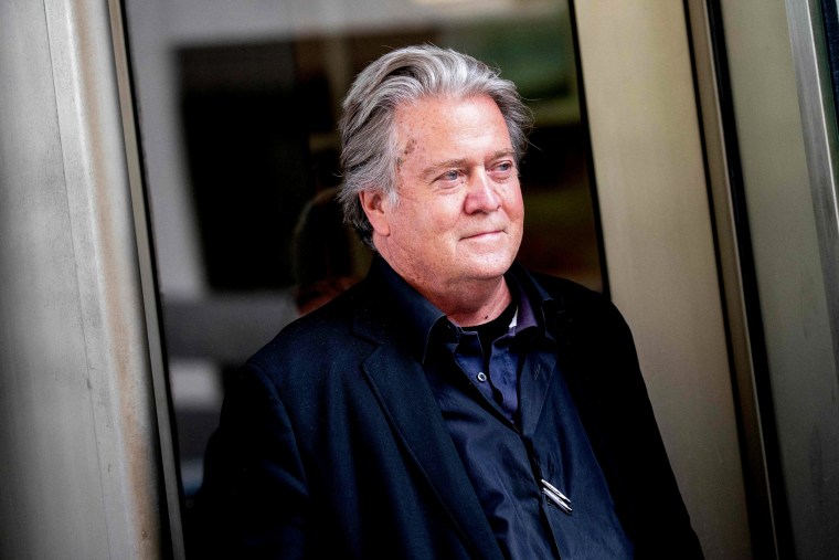 Former White House Chief Strategist Steve Bannon departs the United States District Court House on the first day of jury selection in his trial for contempt of Congress in Washington on July 18, 2022.