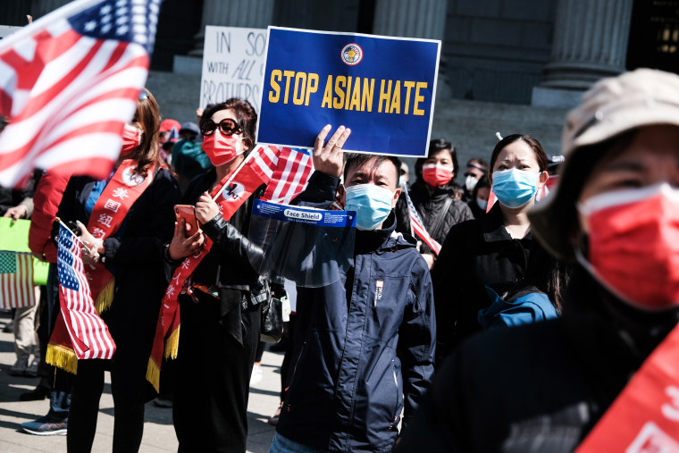 People protest to demand an end to anti-Asian violence on April 4, 2021, in New York.