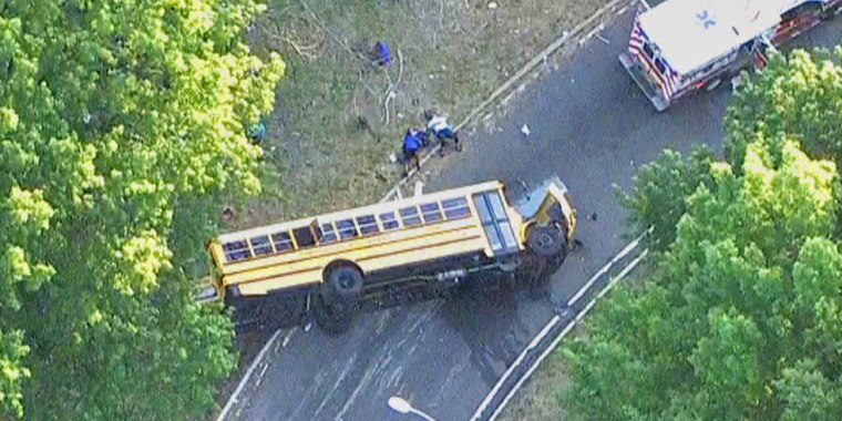A school bus carrying 37 people flipped over on the Hutchinson River Parkway in Bronx, N.Y. 