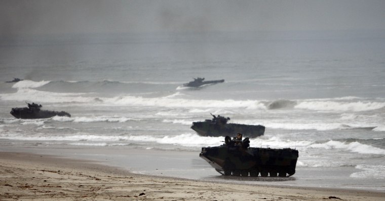 Amphibious Assault Vehicles storm Red Beach during exercises at Camp Pendleton, California, in 2010. 