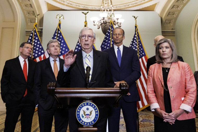 Image: Senate Minority Leader Mitch McConnell at a news conference following the weekly Republican caucus luncheon at the Capitol on  June 22, 2022.