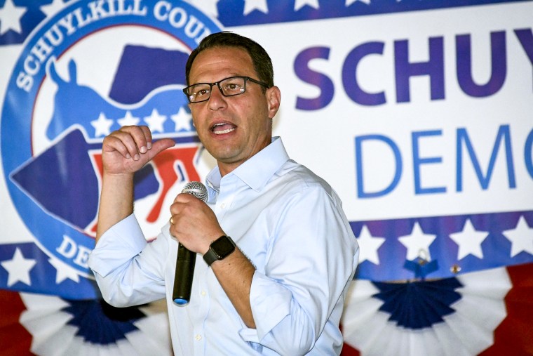 Image: Pennsylvania Democratic gubernatorial candidate, Attorney General Josh Shapiro, speaks during a campaign rally at the Saint Clair Fish & Game Club in Saint Clair, Pa., on July 6, 2022.
