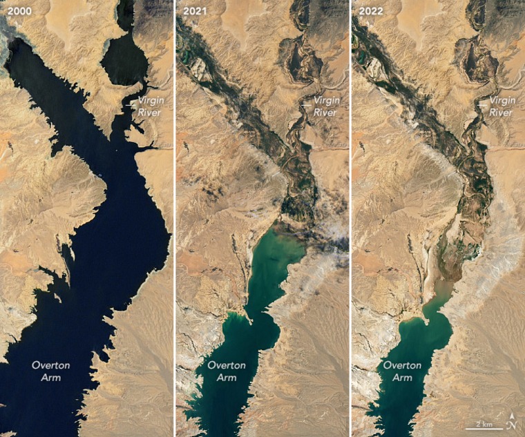 Satellite images showing the drop in water levels at Lake Mead from 2000 to 2022.