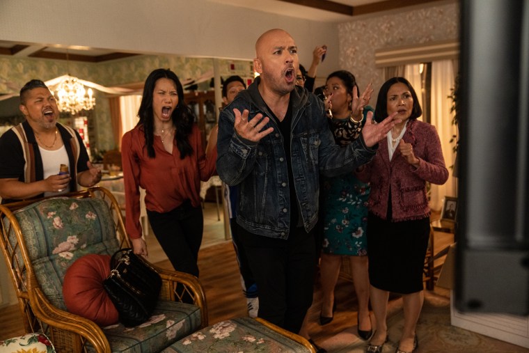 Jo Koy, center, with Joey Guila, Elena Juatco, Eugene Cordero, Tia Carrere, Melody Butiu and Lydia Gaston in "Easter Sunday."