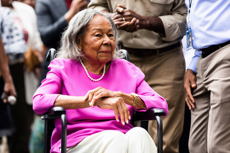 Image: Rachel Robinson, wife of Jackie Robinson, is shown at the ribbon cutting ceremony for the opening of the Jackie Robinson Museum, on July 26, 2022, in New York.