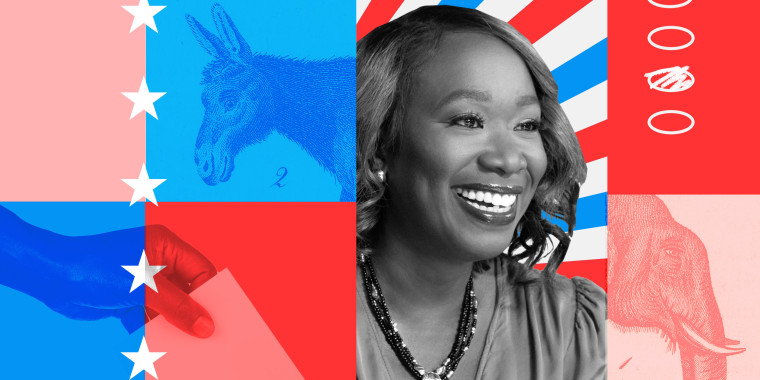 Photo illustration: A mosaic with illustrations of a donkey, an elephant, images of a hand voting and Joy Reid, with overlays showing oval boxes from the ballot and stars.