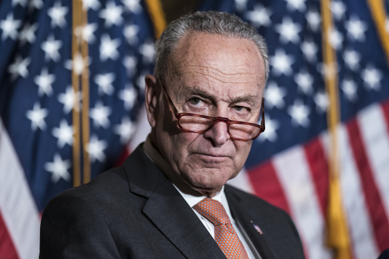 Senate Majority Leader Chuck Schumer, D-N.Y., arrives to meet with reporters at the Capitol on July 27, 2022.