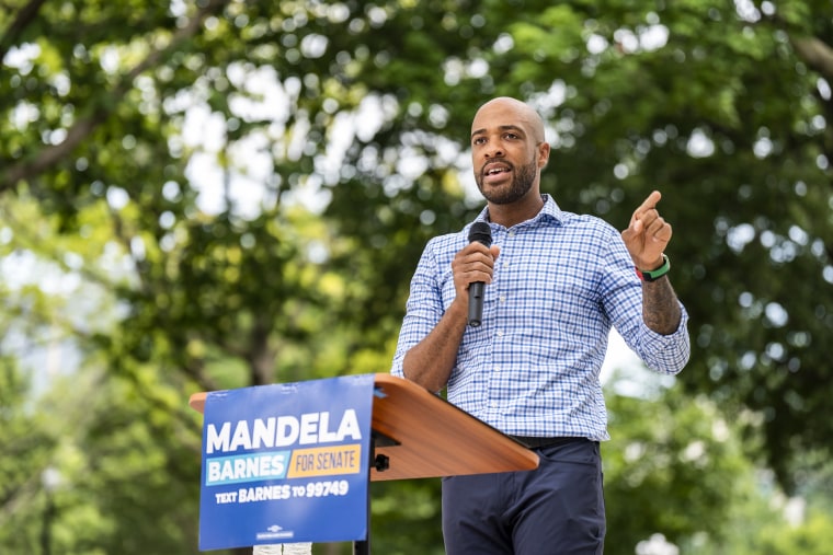 Lt. Gov. of Wisconsin and Democratic Senate candidate Mandela Barnes speaks at a rally outside in Madison on July 23, 2022.