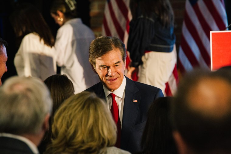 Dr. Mehmet Oz thanks supporters after speaking during a primary election night event in Newtown, Pa., on May 17, 2022.